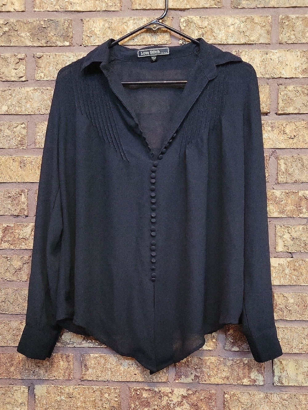 Love Stitch Black Button-Front V-Neck Sheer Blouse Size Small